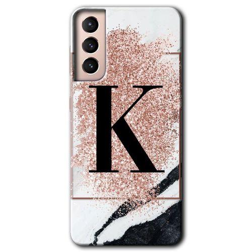 Samsung Galaxy S21 Kılıf HD Desen Baskılı Arka Kapak - Pembe Mermer Desenli K Harfi