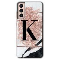Samsung Galaxy S21 Kılıf HD Desen Baskılı Arka Kapak - Pembe Mermer Desenli K Harfi