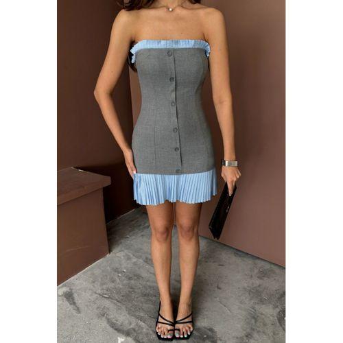 STRAPLEZ POLVİSKON ELBİSE MAVİ FIRFIR DETAYLI - Gri