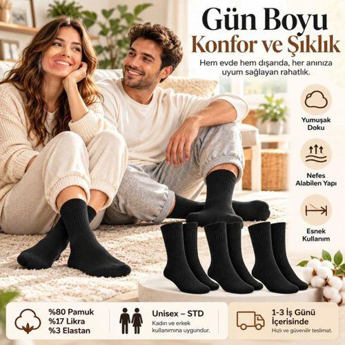 Unisex Siyah Soket Çorap 12'li Set Düz Basic Ribanalı Günlük Spor Esnek Rahat Uzun Çorap Konforlu Set