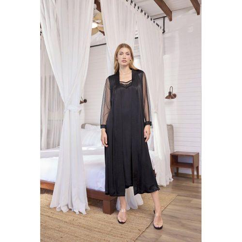 Dantelli Tüllü Ve Dekolteli Saten Sabahlık Takımı