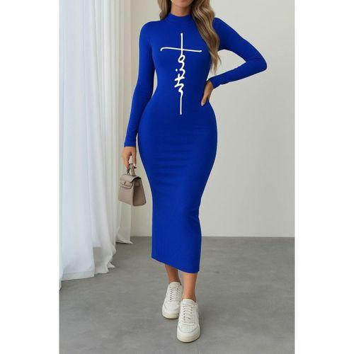 Kadın Uzun Kollu Boğazlı Baskı Detaylı Viskon Tam Boy Elbise