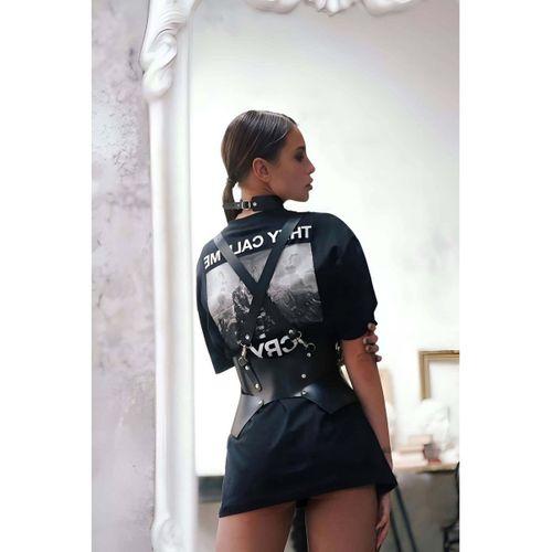 Elbise ve T-Shirt Üzeri Deri Şık Kemer ve Choker Takım