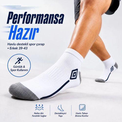 Erkek 3’lü Spor Patik Çorap 39-44 Pamuklu Havlu Destekli Bilek Boy Beyaz Gri