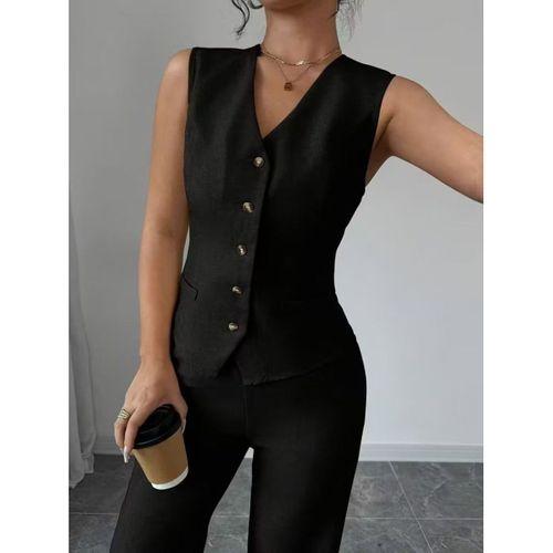 Kadın Askılı önden Düğmeli Bluz Ve Pantolon Keten Ikili Takım