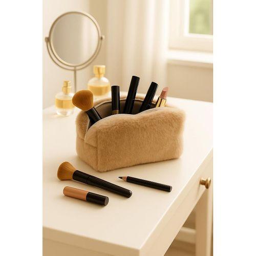 Peluş Yumuşacık Makyaj Çantası - Kozmetik Organizeri Kahverengi
