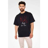 Unisex Bisiklet Yaka Baskılı Oversize T-Shirt - Siyah