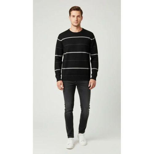 Erkek Bisiklet Yaka Cizgili Triko Kazak Yumuşak Dokulu Pamuklu Ince Dokuma, Uzun Kollu Rahat Regular Kalıp - Siyah