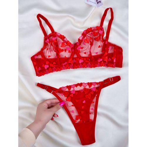 Kadın Kalpli Kırmızı Dantelli Balenli Sütyen Külot Takım