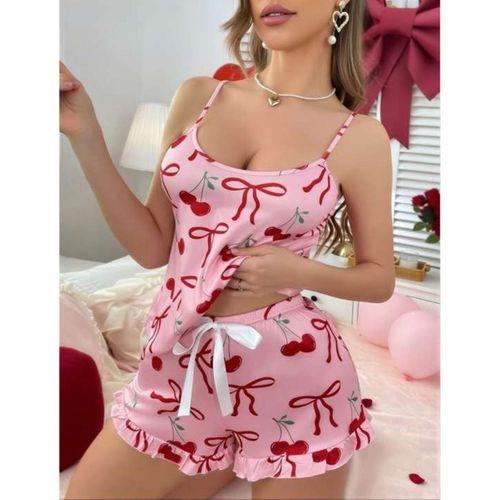 Pembe Üstüne Kiraz Desenli Askılı Şortlu Pijama Takımı