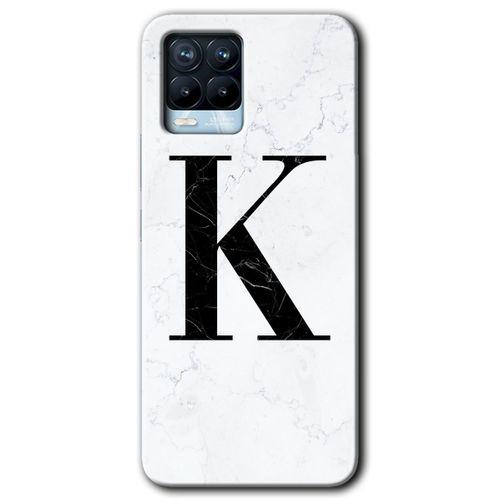 Realme 8 Kılıf Baskılı Kapak - Beyaz Mermer Desenli K Harfi + 5D Tam Kaplayan Cam