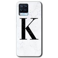Realme 8 Kılıf Baskılı Kapak - Beyaz Mermer Desenli K Harfi + 5D Tam Kaplayan Cam