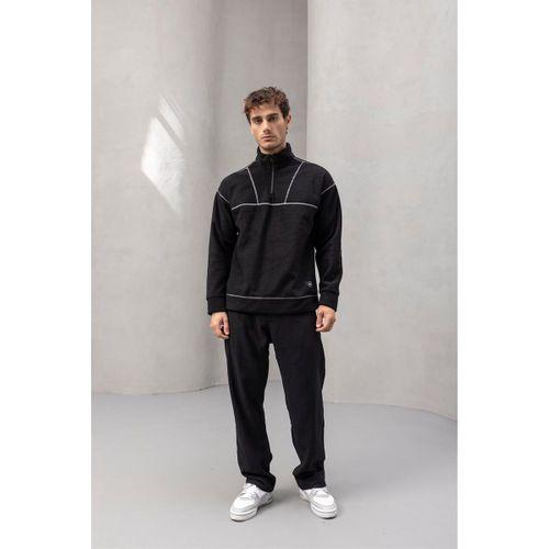 Crowe Çizgi Şeritli Oversize Yarım Fermuar Polar Erkek Sweatshirt - Siyah