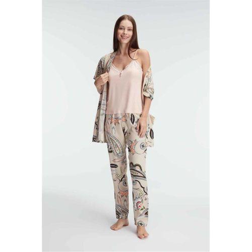 İp Askılı V Yaka Viskon Çiçek Desenli Yazlık Dantel Detaylı Pijama Sabahlık Takımı