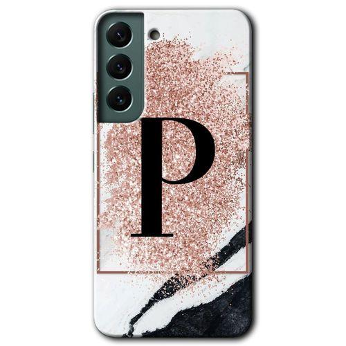 MRCİLETİSİM Samsung Galaxy S22 Plus Kılıf HD Desen Baskılı Arka Kapak + Temperli Cam - Pembe Mermer Desenli P Harfi