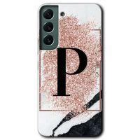 MRCİLETİSİM Samsung Galaxy S22 Plus Kılıf HD Desen Baskılı Arka Kapak + Temperli Cam - Pembe Mermer Desenli P Harfi