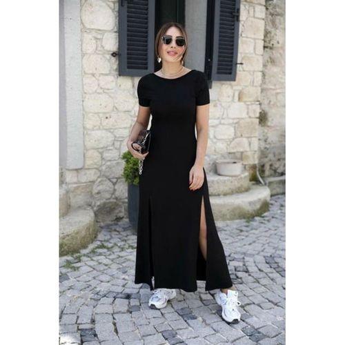 Kadın Kısa Kollu Sırt Dekolteli Yırtmaç Detaylı Viskon Elbise