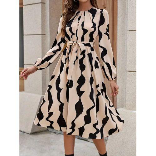 Kadın Uzun Kollu Bisiklet Yaka Belden Bağlamalı Desenli Belden Kuşaklı Mikro Süprem Midi Elbise