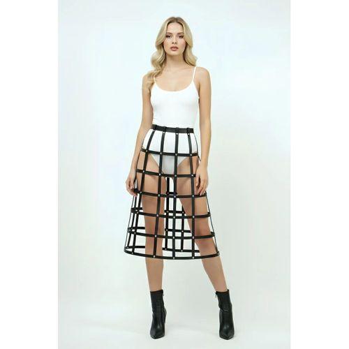 Siyah Etek Deri Şeritli Kafes Detaylı Etek Midi Boy Deri Etek - Brf1396