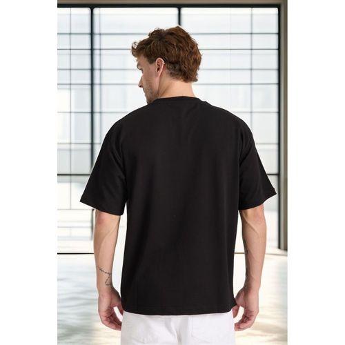 İki İplik Kumaş Pamuklu Bisiklet Yaka Basic Oversize Erkek T-Shirt - Siyah