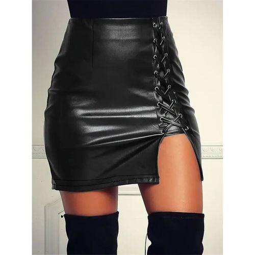 Kadın Yüksek Bel Yandan çapraz Bağcıklı Yırtmaçlı Mini Deri Etek