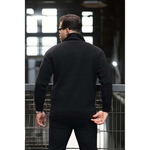 Oversize Selanik Örgü Yarım Fermuar Erkek Triko Kazak - Siyah