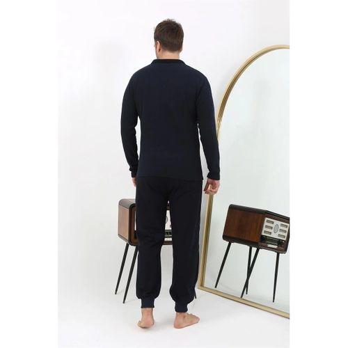Erkek Polo Yaka Uzun Kol Penye Pijama Takımı Lacivert