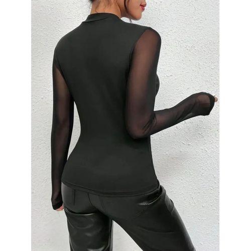 Kadın Uzun Kollu Yarı Balıkçı Yaka Kolları Tüllü Dalgıç Bluz