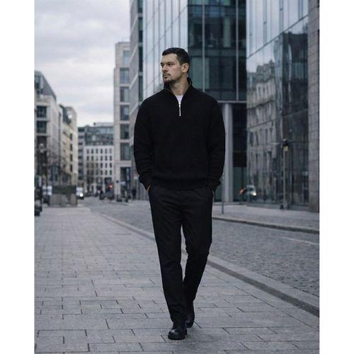 Nolan Oversize Selanik Örgü Yarım Fermuar Erkek Triko Kazak - Siyah