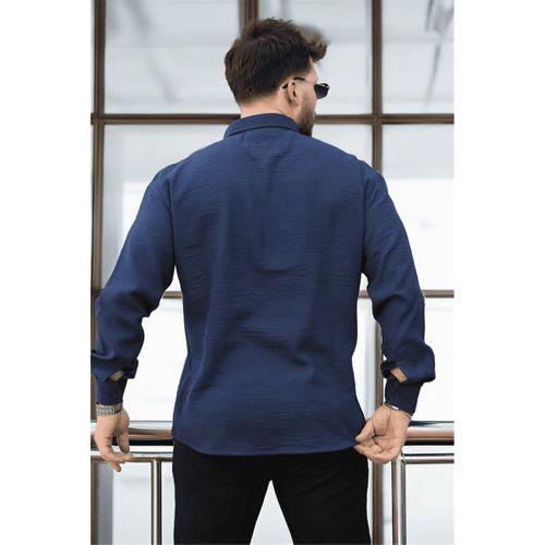 Pera Kumaş Keten Görünümlü Yarım Oversize Uzun kollu Erkek Gömlek - Lacivert