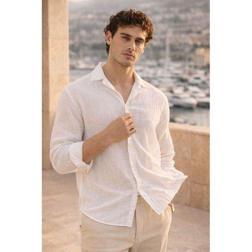 Apaş Yaka  Oversize Müslin Kumaş Gömlek - Beyaz