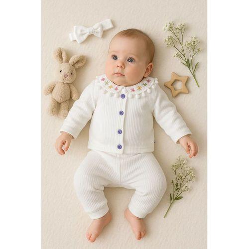 Çiçek Nakışlı Düşmeli Bandanalı Kız Bebek Takımı