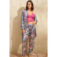 Saten Çiçek Baskılı Sabahlık Balensiz Desteksiz Dolgusuz Dantelli Bralet Sütyen Ve Pantolon Pijama 3'lü Takım