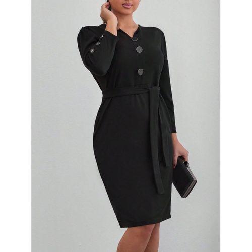 Kadın Uzun Kollu Düğme Detaylı Kendinden Kemerli Ithal Krep Elbise