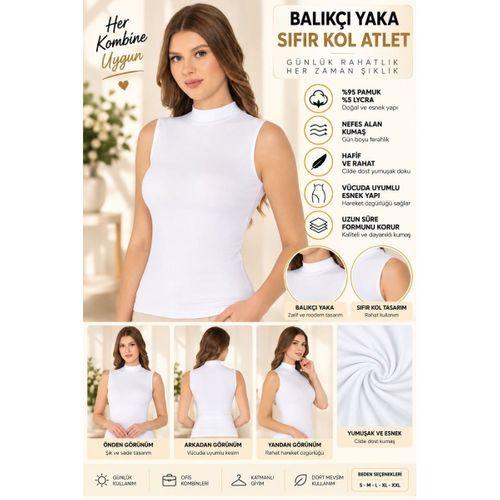 Kadın Balıkçı Yaka Sıfır Kol Atlet Beyaz, Esnek Kumaş, Vücuda Oturan Basic Kolsuz Body - ryl - 2614