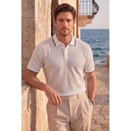 Balzac Yakası Şeritli Düğmeli Polo Yaka Basic Günlük Petek Örgü Triko Erkek T-Shirt - Ekru