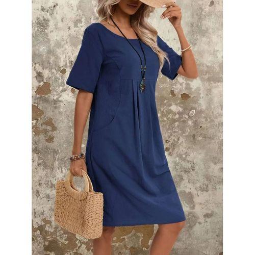 Kadın Kısa Kollu Yakası Açık önden Büzgülü Cep Detaylı Viskon Iki Iplik Elbise