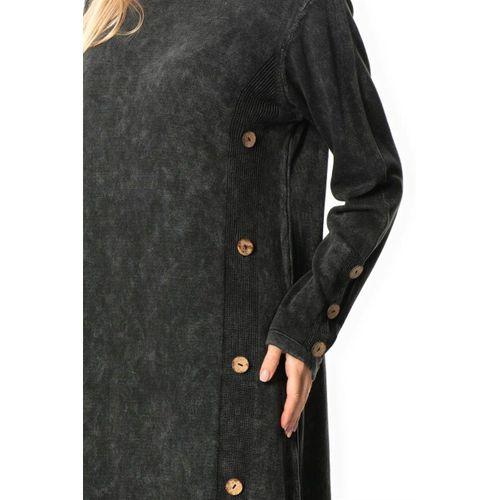 Uzun Kol Gözde Bisiklet Yaka Düğme Detaylı Sonbahar ve Kışlık Uzun Triko Elbise Füme Fm