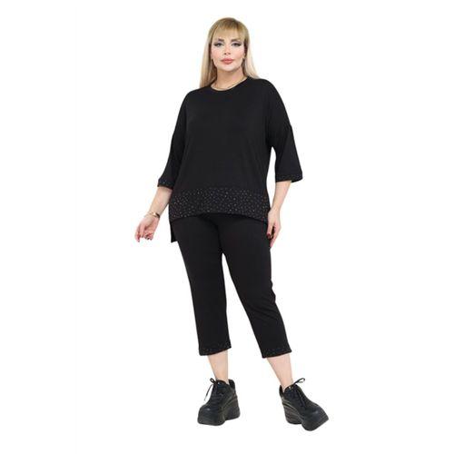 Melsay Butik Siyah Taş Baskı Şeritli Büyük Beden Kadın Kapri Takımı