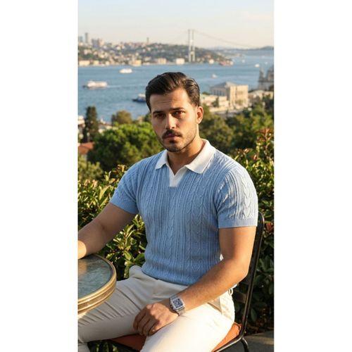 Erkek Desenli Kısa Kollu Triko Tişört - %100 Pamuk Akrilik