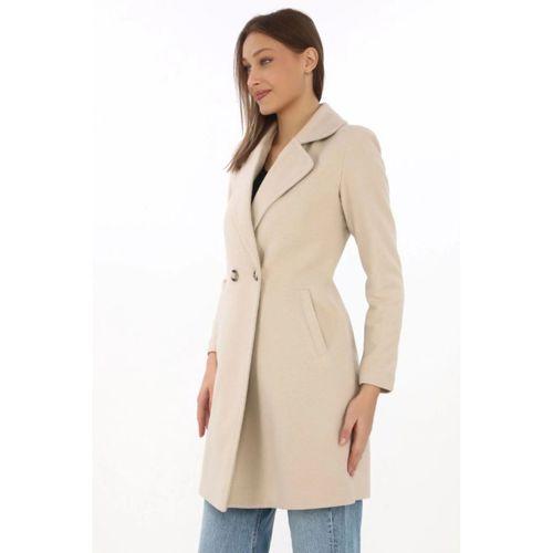 Kaşe Kaban – Siyah Yünlü Dokuma, Kruvaze Yaka, Astarlı, Cepli, Kuşaklı Uzun Boy Tesettür Uyumlu Kışlık Şık Kaban - Bej