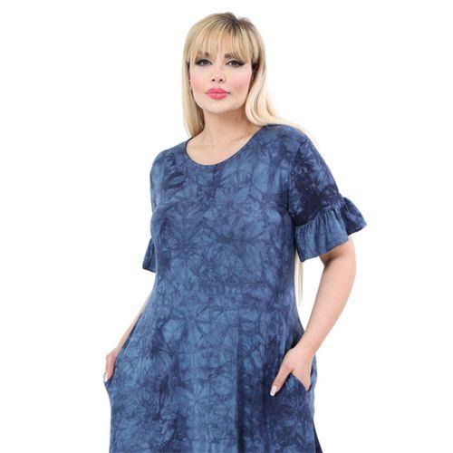 Melsay Butik Lacivert Batik Yıkamalı Cepli Fırfırlı Kısa Kollu Kadın Midi Elbise