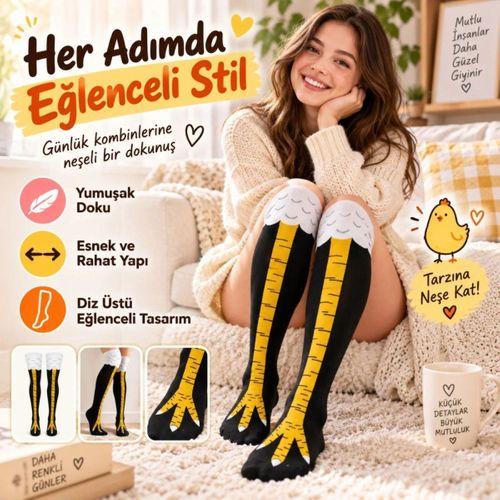 Kadın Diz Üstü Tavuk Ayağı Desenli Çorap Siyah Sarı Uzun Eğlenceli Kostüm Parti Günlük Çorabı Modeli