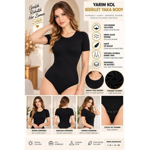 Kadın Yarım Kol Bisiklet Yaka Çıtçıtlı Body Siyah, Esnek Kumaş, Vücuda Oturan Basic Body - ryl - 2721