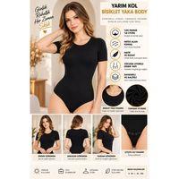 Kadın Yarım Kol Bisiklet Yaka Çıtçıtlı Body Siyah, Esnek Kumaş, Vücuda Oturan Basic Body - ryl - 2721