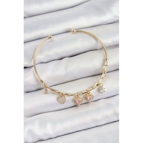 Pirinç Zirkon Taşlı Pembe Kalp Model Gold Renk Charm Bileklik