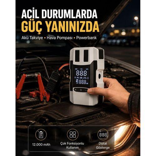 Dijital Ekranlı Araç Pompası Akü Takviye Powerbank 12 000 Mah Yeni Nesil