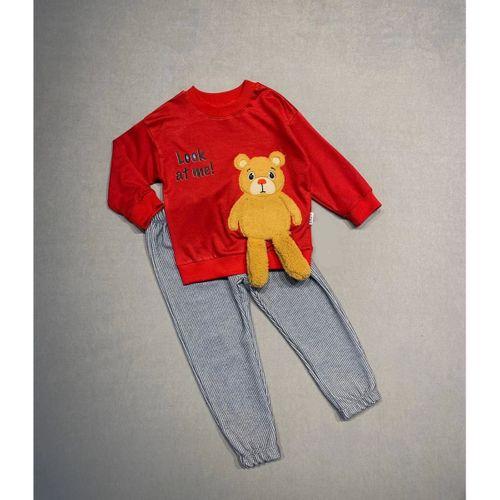 2-3-4 Yaş Ayıcık Sallanan Ayak Desenli Likra Penye Kumaş Sweat Pantolonlu Kız Erkek 2li Çocuk Takımı Kırmızı