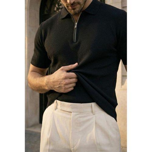 Jeff Selanik Örgü Polo Yaka Yarım Fermuarlı İnce Triko Erkek T-Shirt - Siyah