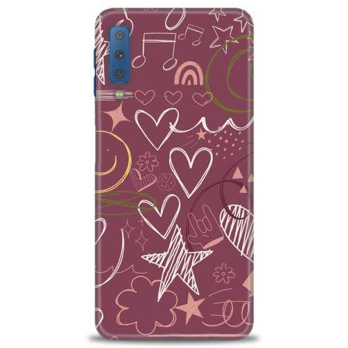 Samsung Galaxy A7 2018 Kılıf HD Baskılı Kılıf - Notalar ve Kalpler Bordo + Tam Ekran Koruyucu
